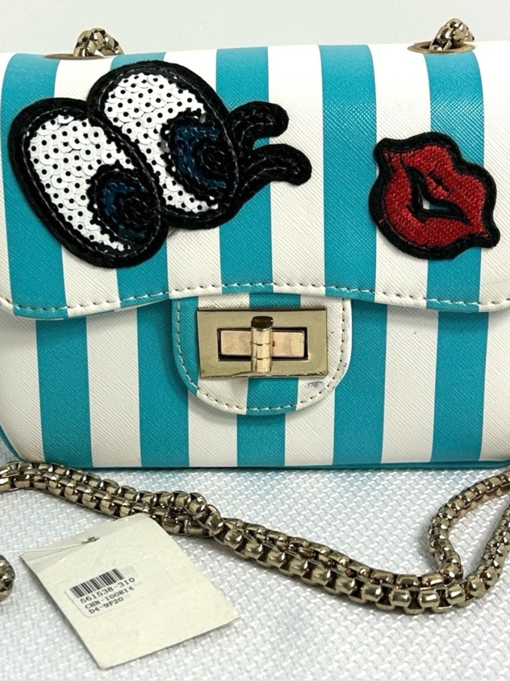 Novelty Bag Blue White Stripes Chain Strap Eyes Lips Turn Lock Shoulder Bag